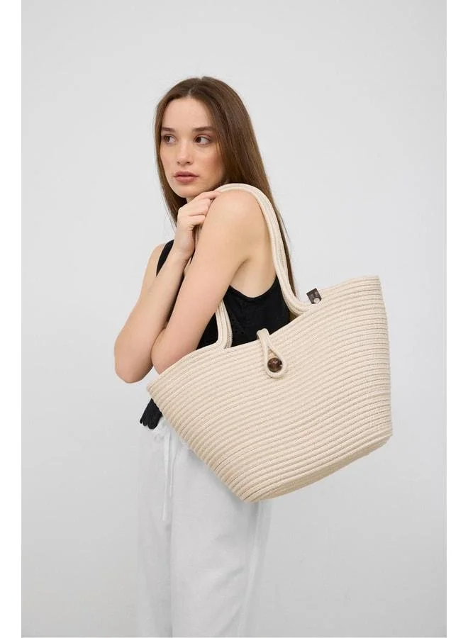 Vossa Handmade Buttoned Rattan Shoulder Bag – Cream.