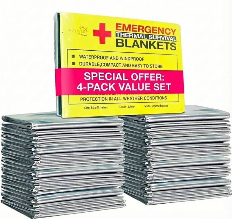 RAYWER (4 Pack Emergency Thermal Survival Blankets, Mylar Blankets for Outdoor, Camping, Hiking, Survival, Large Silver Thermal Sheets, Heavy Duty Gear (4 pcs, Size 84x52) - Image 1