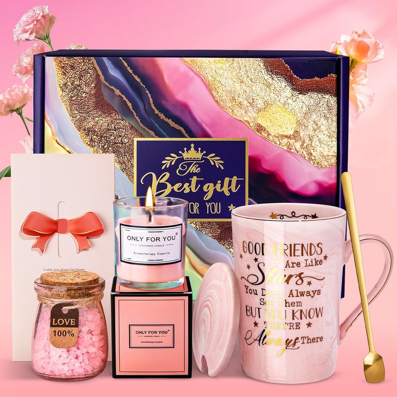 ALBISS Inspirational Gift for Friend, Thank You Gifts for women，هدايا للنساء فخمه with Scented Candle，Bath Salts，Ceramic Mug with Gold Print，Card，Gift Box Birthday Christmas عيد الفطر for Her，Friend，Besties - Image 1