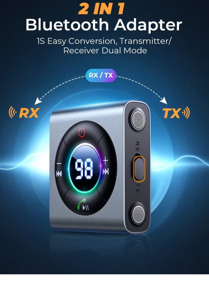 Bluetooth 5.3 Car Adapter, Transmitter Receiver 2 in 1, Enhanced Dual Mics & LED Digital Display 3.5mm AUX Adapter, Bluetooth Wireless Adapter for Car Audio/Home Stereo/TV/Airplane/PC/Speaker, Metal - Image 2