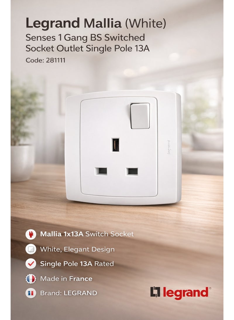 Legrand Mallia 13A 1 Gang Switched Socket Outlet White | Single Pole BS Socket 86x86mm | Made in France | Code 281111 - Image 2