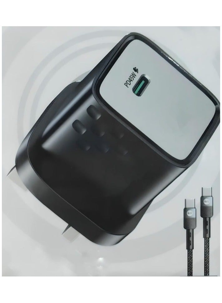 عام شاحن بقوة 45 وات سريع الشحن مع تقنية GAN مع كابل من النايلون المضفر تايب سي - Image 1