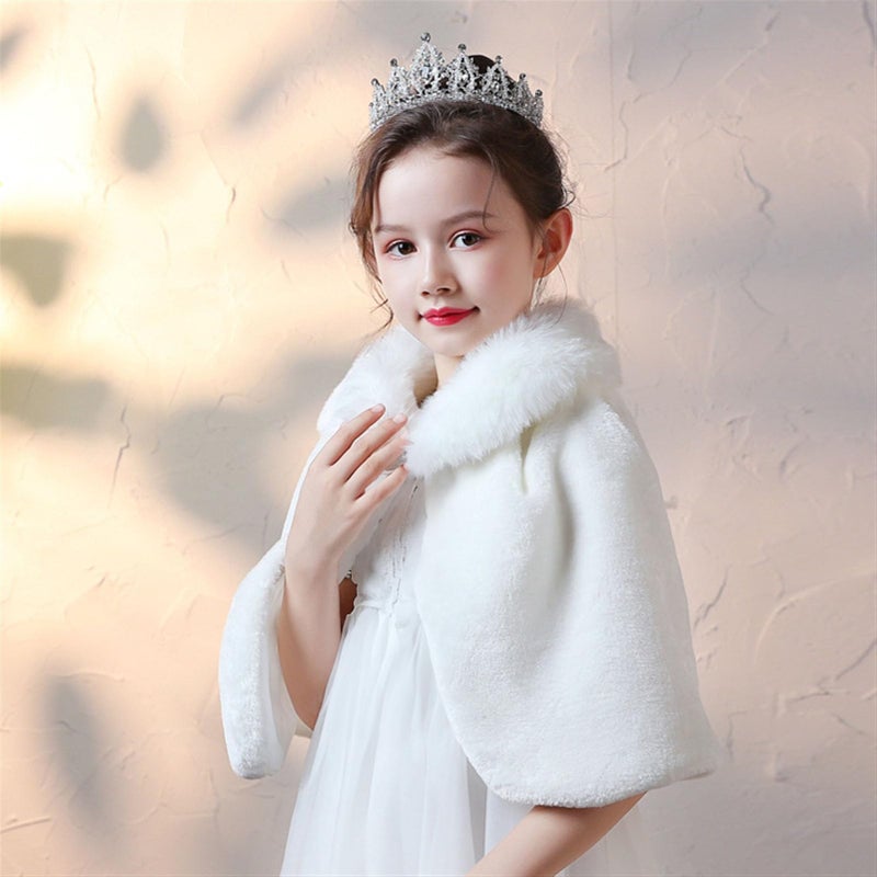 SK Studio Girls Faux Fur Wraps Shawl Girl Bolero Shrug Princess Cape Party Dress Up Jacket, White, 5-7 Years - Image 3