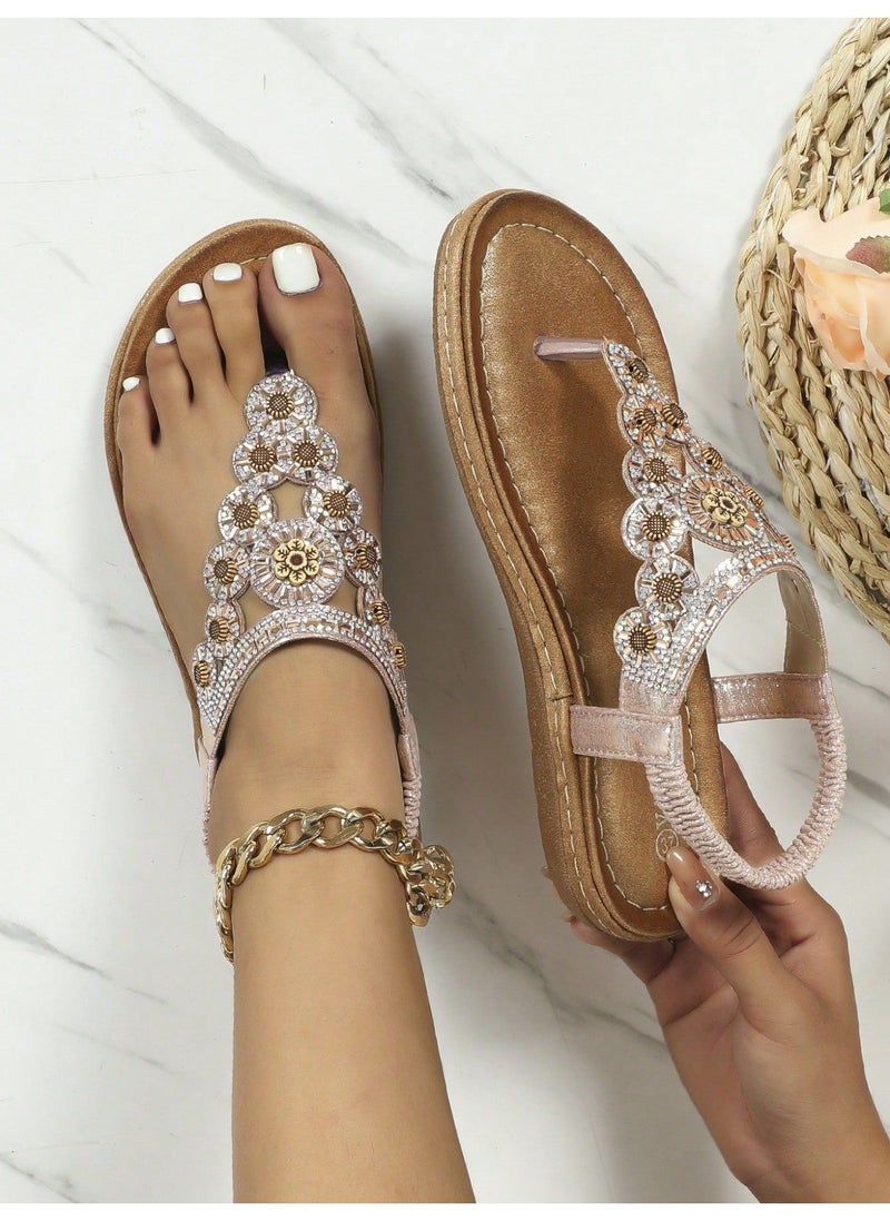 NIBEMINENT Ladies Shoes Wedge Bohemian Sandals Shoes For Women  Round Toe Wedge Thong Sandals Indoor Outdoor Female Shoes 