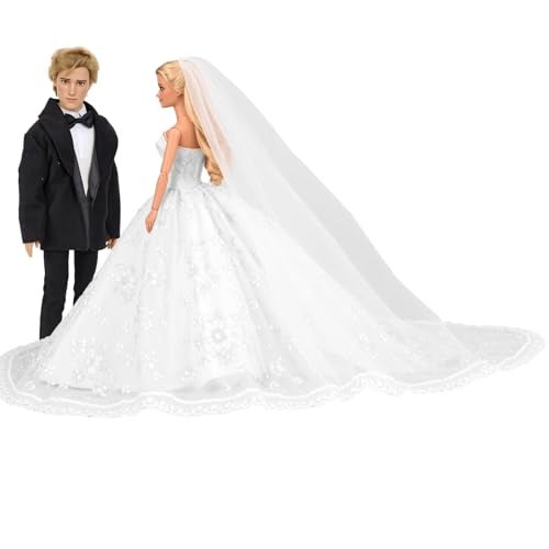 BARWA Wedding Set White Wedding Dress with Veil and Formal Suit Outfit for Boy & Girl Dolls - Image 2