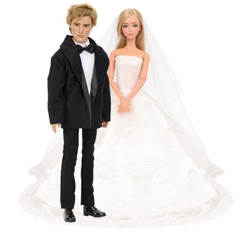 BARWA Wedding Set White Wedding Dress with Veil and Formal Suit Outfit for Boy & Girl Dolls - Image 1