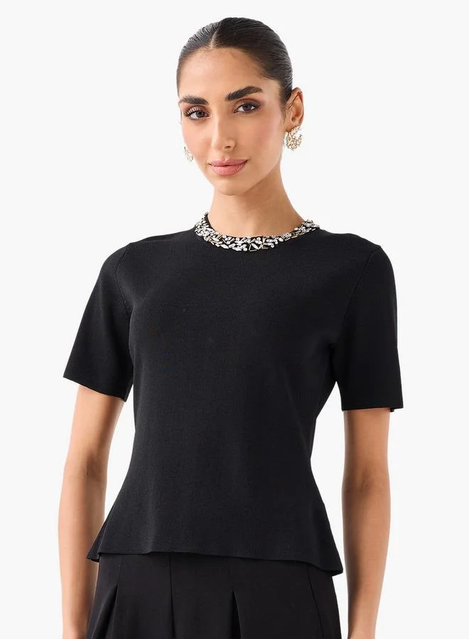 ايكونيك Iconic Regular Fit Peplum Top with Embellished Detail