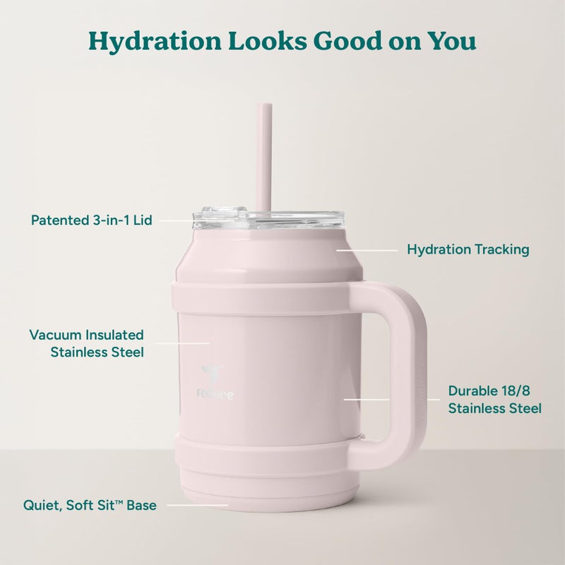 REDUCE Reusable 50 oz Cold1 Water Tumbler - Ergonomic Handle - Double-Wall Insulation - Sturdy Desktop/Tabletop Mug with Lid and Straw - BPA-Free - Stainless Steel for Gym  Home  or Office- Cotton - Image 3