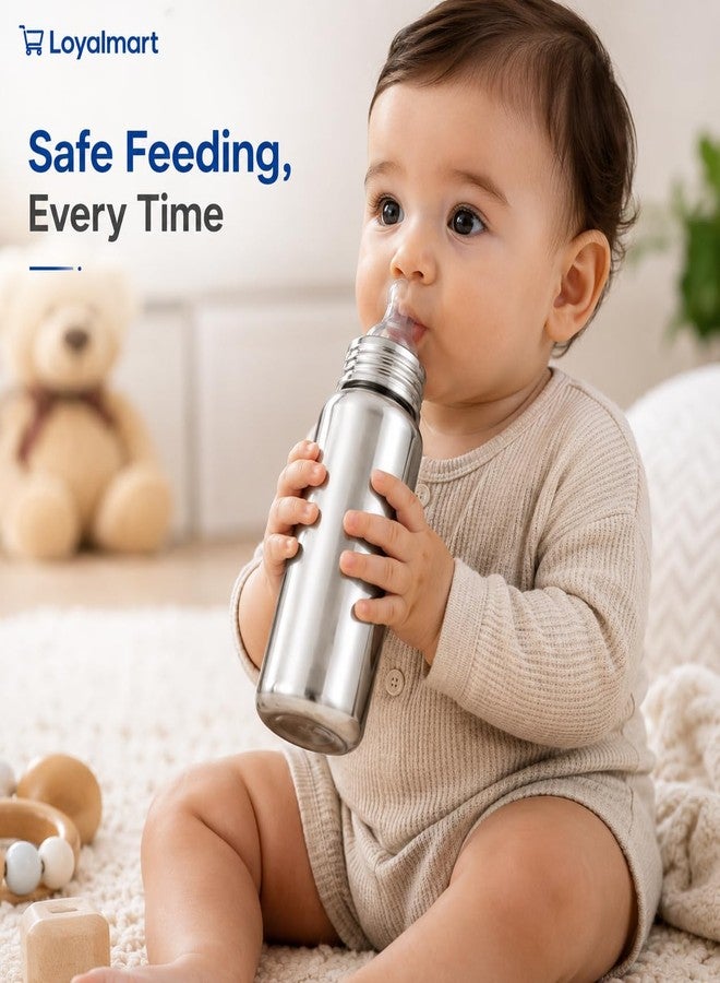 Loyalmart Baby Feeding Bottle for Baby Stainless Steel Bottle 250ml BPA Free & Plastic Free with Easy Clean Hygienic Leak Proof Safe Soft Silicone Nipple for Newborn & Babies (250ml, Silver) - Image 3
