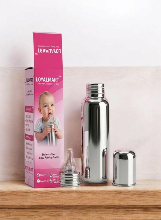 Loyalmart Baby Feeding Bottle for Baby Stainless Steel Bottle 250ml BPA Free & Plastic Free with Easy Clean Hygienic Leak Proof Safe Soft Silicone Nipple for Newborn & Babies (250ml, Silver) - Image 1