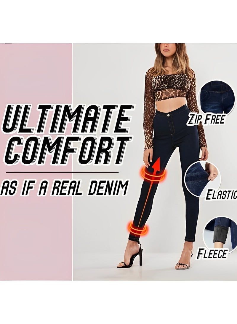 REOCLE Women's Fleece Jeans Winter Thick Skinny Pants Fleece Lined Slim Stretch Warm Jeggings Slim Fit Warm High Waist Denim Jean - Image 3