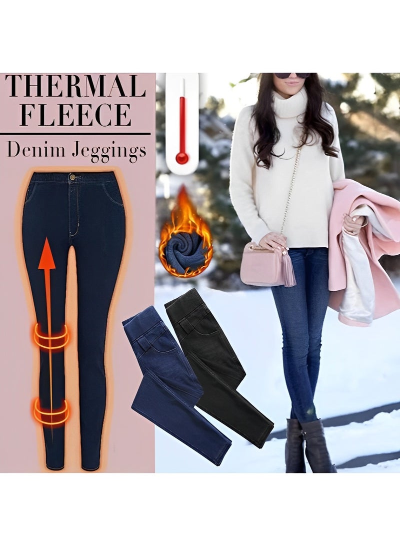 REOCLE Women's Fleece Jeans Winter Thick Skinny Pants Fleece Lined Slim Stretch Warm Jeggings Slim Fit Warm High Waist Denim Jean - Image 4