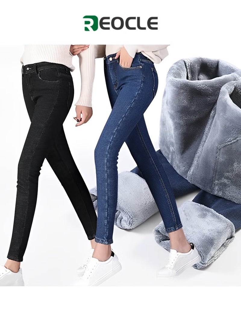 REOCLE Women's Fleece Jeans Winter Thick Skinny Pants Fleece Lined Slim Stretch Warm Jeggings Slim Fit Warm High Waist Denim Jean - Image 1