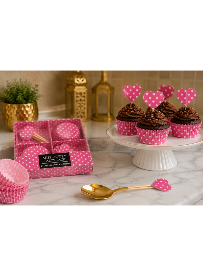 48 PCS Party Pack – 24 Cupcake Cases & 24 Heart Toppers – Polka Dot Cupcake Baking & Party Decoration Set – Assorted Color (Pink, Blue or Black) - Image 3