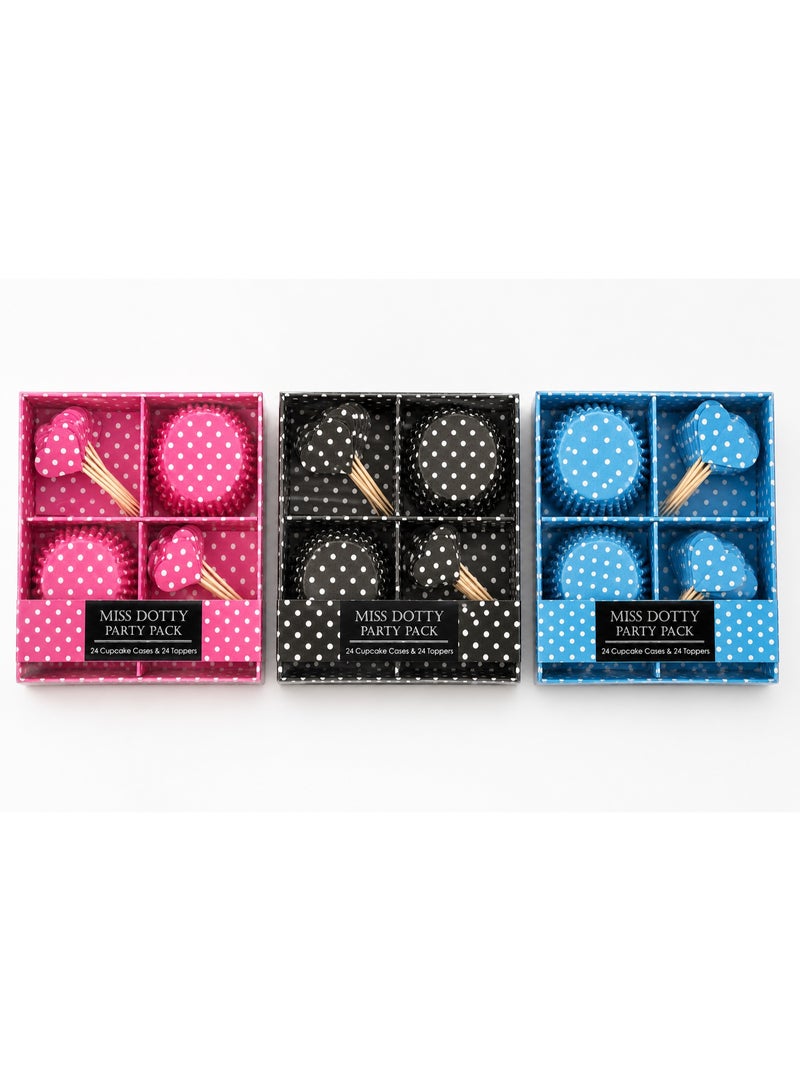 48 PCS Party Pack – 24 Cupcake Cases & 24 Heart Toppers – Polka Dot Cupcake Baking & Party Decoration Set – Assorted Color (Pink, Blue or Black) - Image 1