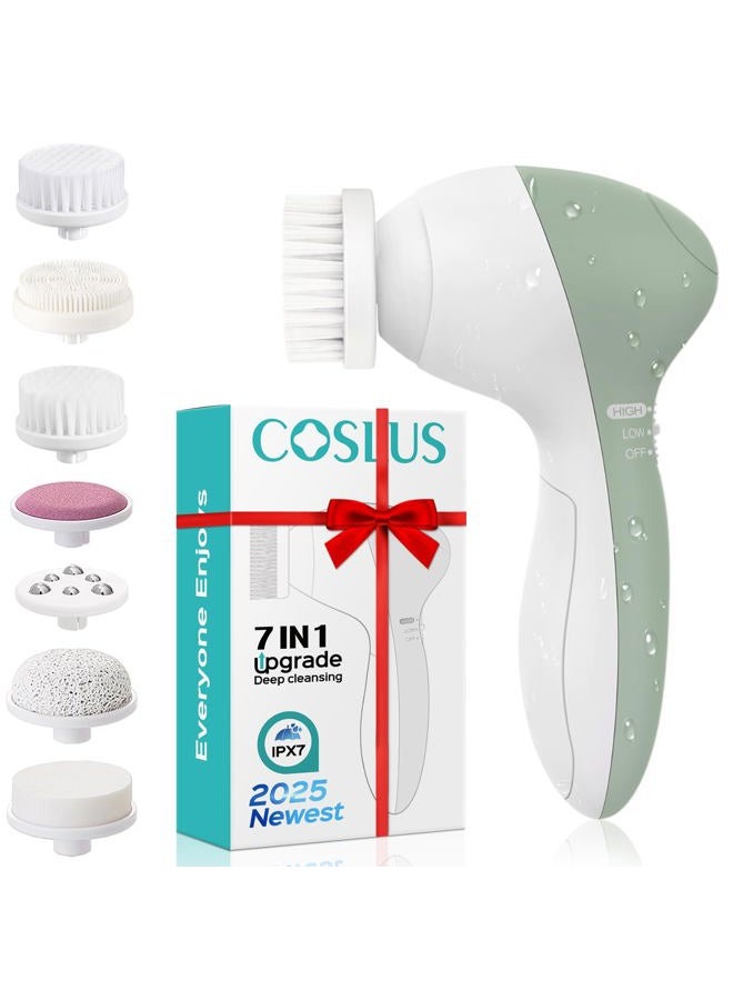 COSLUS Facial Cleansing Brush Silicone Face Scrubber: 7 in 1 FBS-D Electric Exfoliating Rotating Massage Device Waterproof Deep Cleaning Exfoliation Spa Machine - Electronic Skin Care Wash System  - Image 1