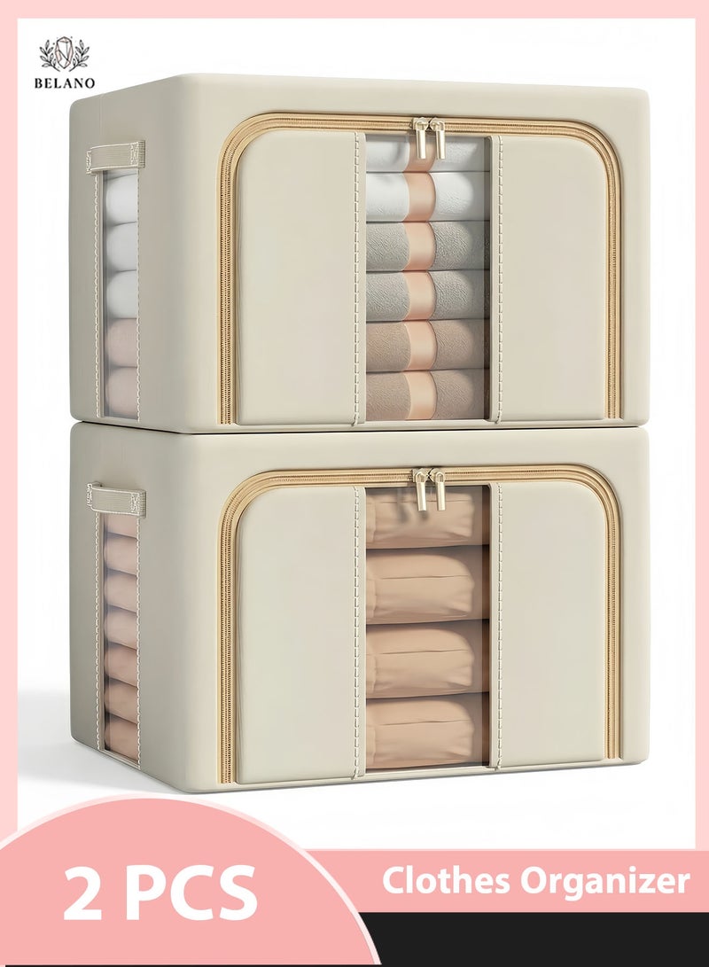 BELANO 2Pcs Clothing Storage Box 66L Foldable Large Capacity with Window, Stackable Metal Frame Organiser for Seasonal Clothes Towels Blankets(Beige) - Image 1