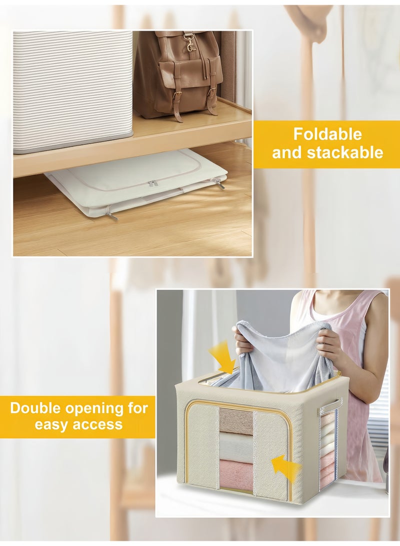 BELANO 2Pcs Clothing Storage Box 66L Foldable Large Capacity with Window, Stackable Metal Frame Organiser for Seasonal Clothes Towels Blankets(Beige) - Image 4