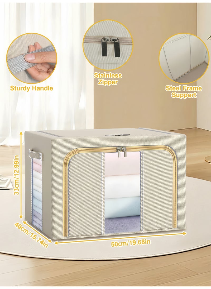 BELANO 2Pcs Clothing Storage Box 66L Foldable Large Capacity with Window, Stackable Metal Frame Organiser for Seasonal Clothes Towels Blankets(Beige) - Image 2