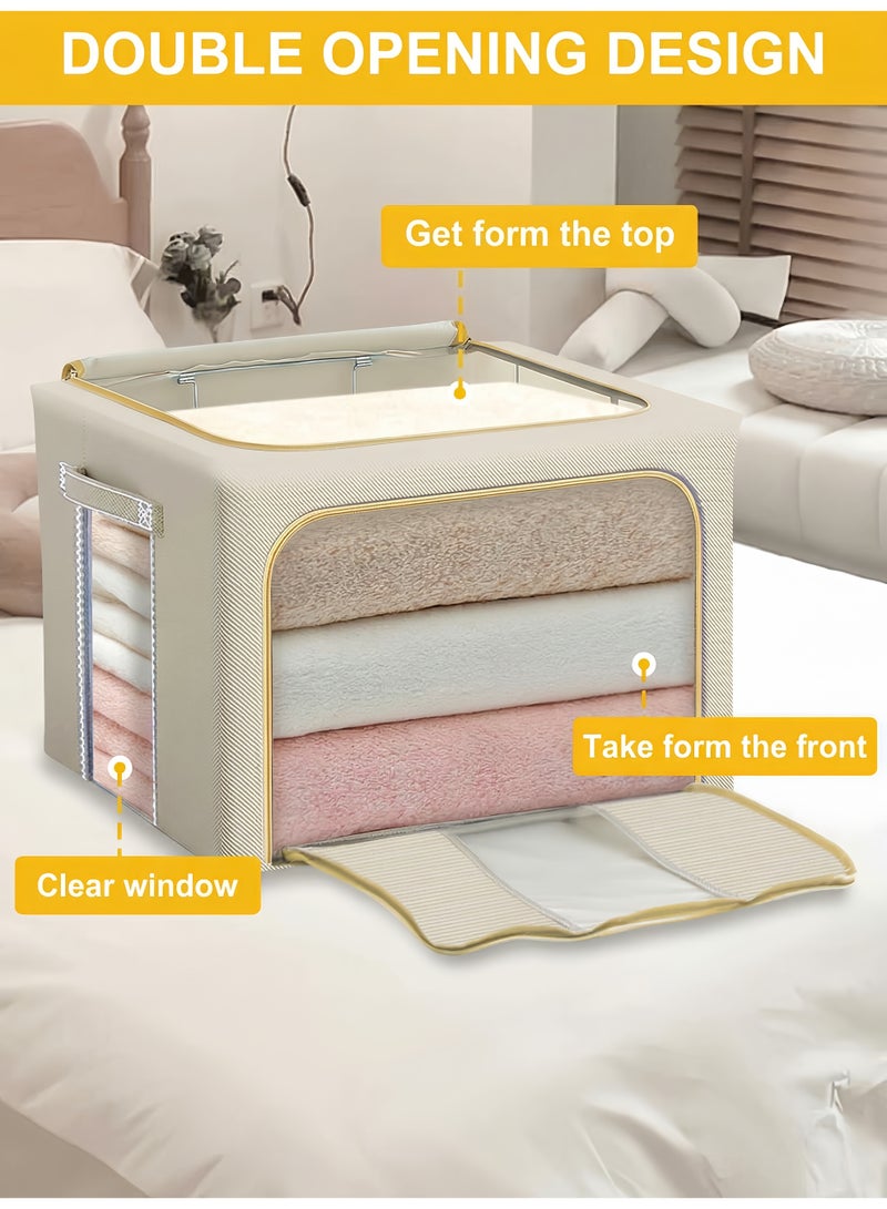 BELANO 2Pcs Clothing Storage Box 66L Foldable Large Capacity with Window, Stackable Metal Frame Organiser for Seasonal Clothes Towels Blankets(Beige) - Image 3