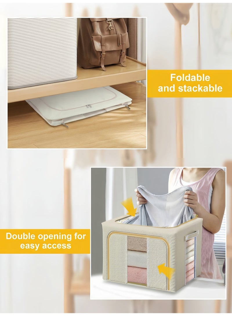 BELANO 2Pcs Clothing Storage Box 66L Foldable Large Capacity with Window, Stackable Metal Frame Organiser for Seasonal Clothes Towels Blankets(Beige) - Image 4