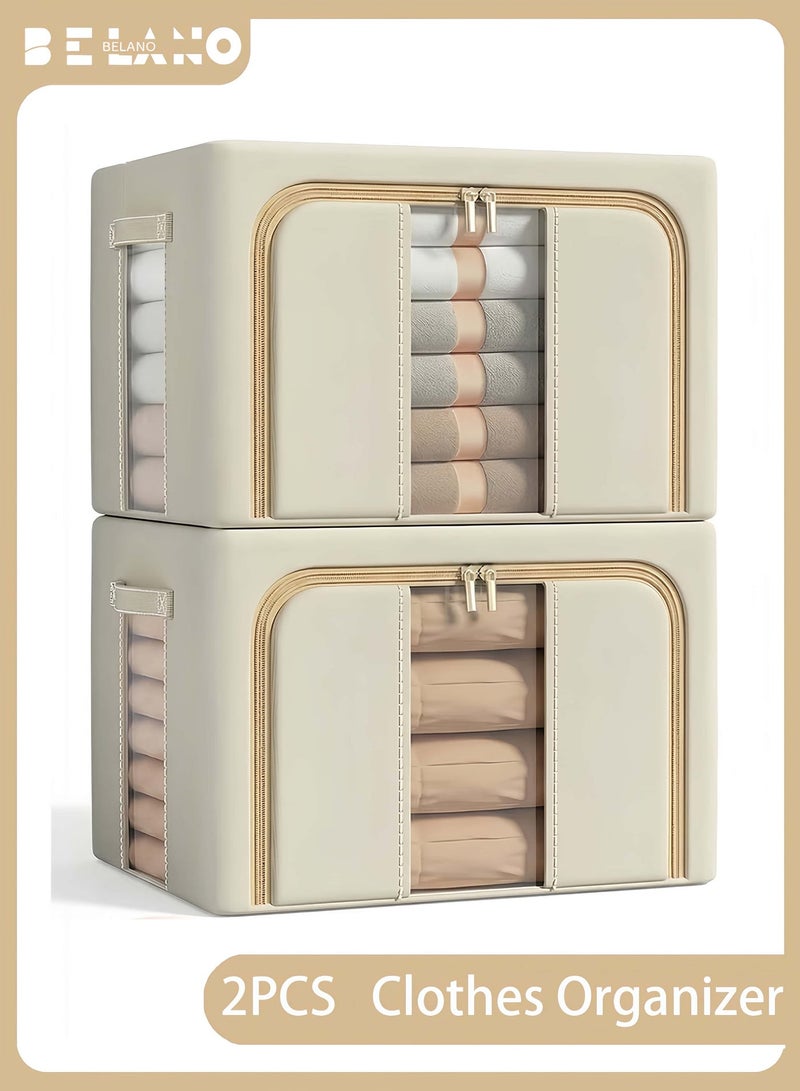 BELANO 2Pcs Clothing Storage Box 66L Foldable Large Capacity with Window, Stackable Metal Frame Organiser for Seasonal Clothes Towels Blankets(Beige) - Image 1