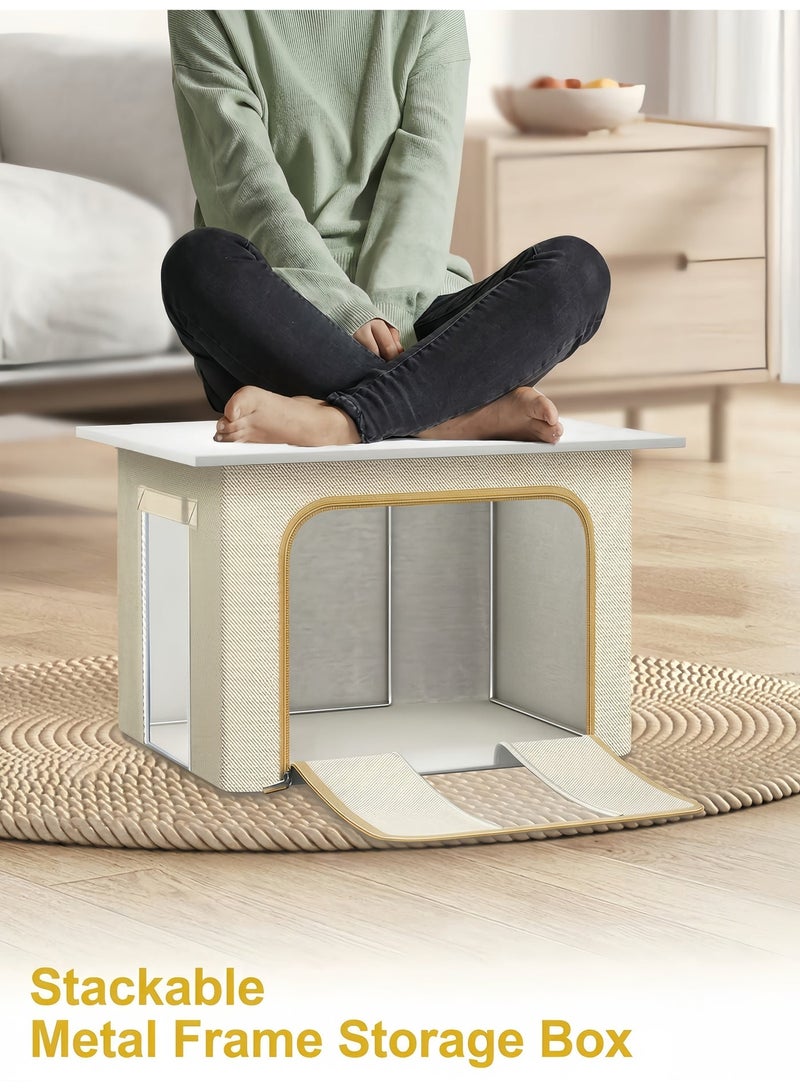 BELANO 2Pcs Clothing Storage Box 66L Foldable Large Capacity with Window, Stackable Metal Frame Organiser for Seasonal Clothes Towels Blankets(Beige) - Image 5