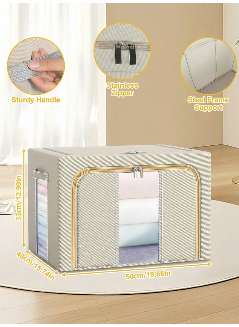 BELANO 2Pcs Clothing Storage Box 66L Foldable Large Capacity with Window, Stackable Metal Frame Organiser for Seasonal Clothes Towels Blankets(Beige) - Image 2