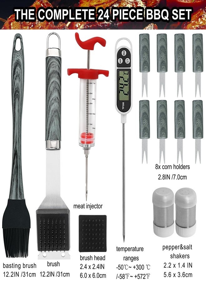 grilljoy 24PCS BBQ Grill Tools Set with Meat Thermometer and Injector - Extra Thick Stainless Steel Fork, Spatula& Tongs - Complete BBQ Accessories in Aluminum Case - Perfect Grill Gifts for Men Grey - Image 3