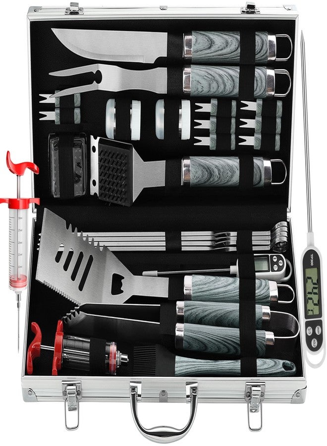 grilljoy 24PCS BBQ Grill Tools Set with Meat Thermometer and Injector - Extra Thick Stainless Steel Fork, Spatula& Tongs - Complete BBQ Accessories in Aluminum Case - Perfect Grill Gifts for Men Grey - Image 1