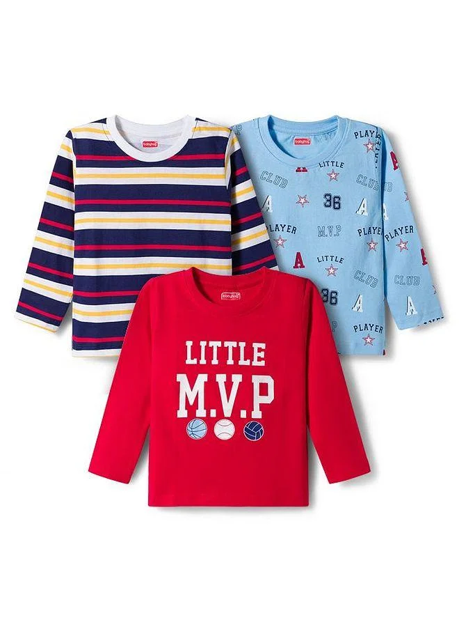 Babyhug Babyhug 100% Cotton Full Sleeves T-Shirts with Text Print (Pack of 3) - Red & Blue