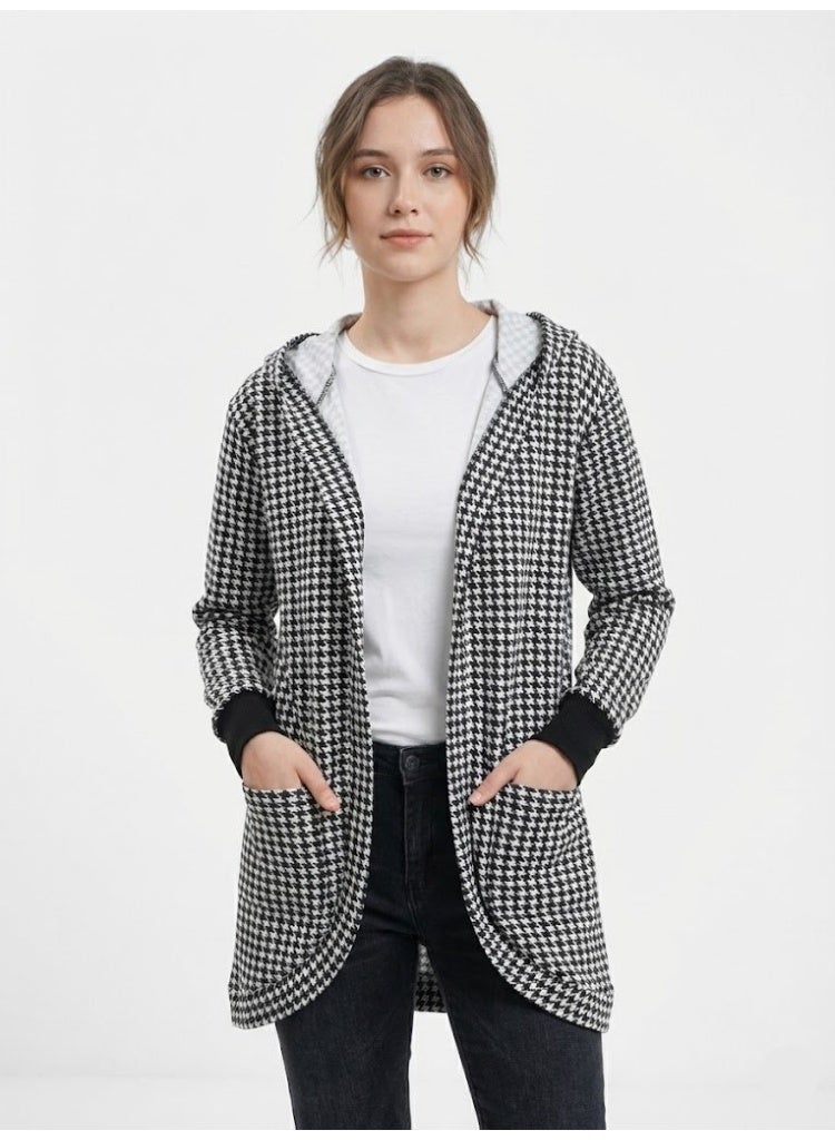 FASHION جاكيت طويل بغطاء رأس للنساء بنمط هوندستوث - أسود وأبيض كاردجان مفتوح أمامي غير رسمي مع جيوب - Image 1