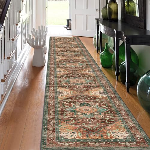 Washable Runner Rug 23 x 14 NonSlip Boho Vintage Hallway Rug Runner with Rubber Backing Stain Resistant  Low Pile Faux Wool Distressed Carpet Runner for Bedroom Kitchen Laundry Entrance