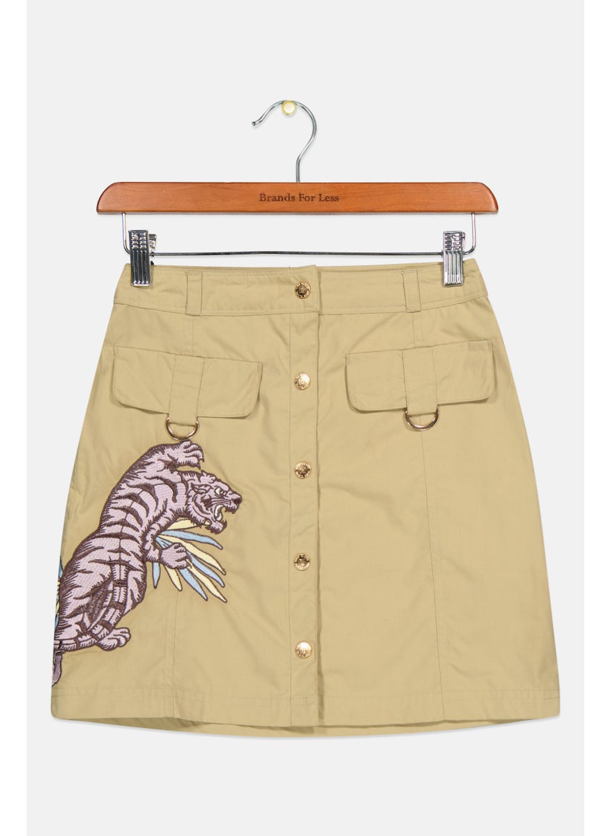RIVER ISLAND - Kids Girl Embroidered Basic Shorts, Khaki - Image 1