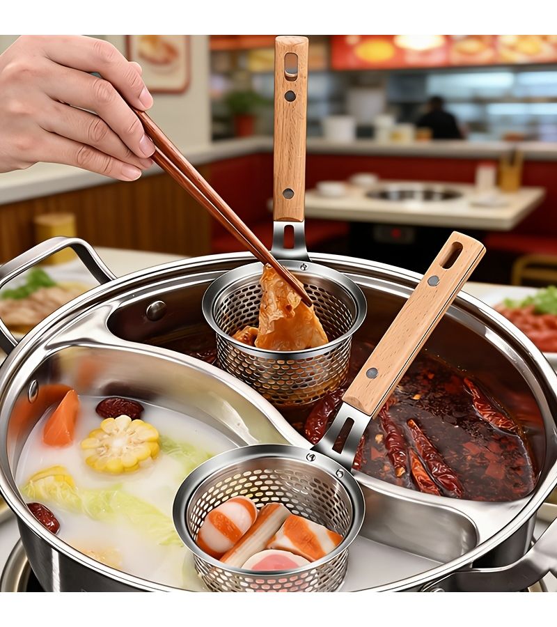 قطعتان من مصفاة على شكل عنكبوت بمقبض مستقيم من الفولاذ المقاوم للصدأ 304 مع مقبض خشبي لطهي القلي والزلابية والشعرية وتنظيف الخضروات - Image 4