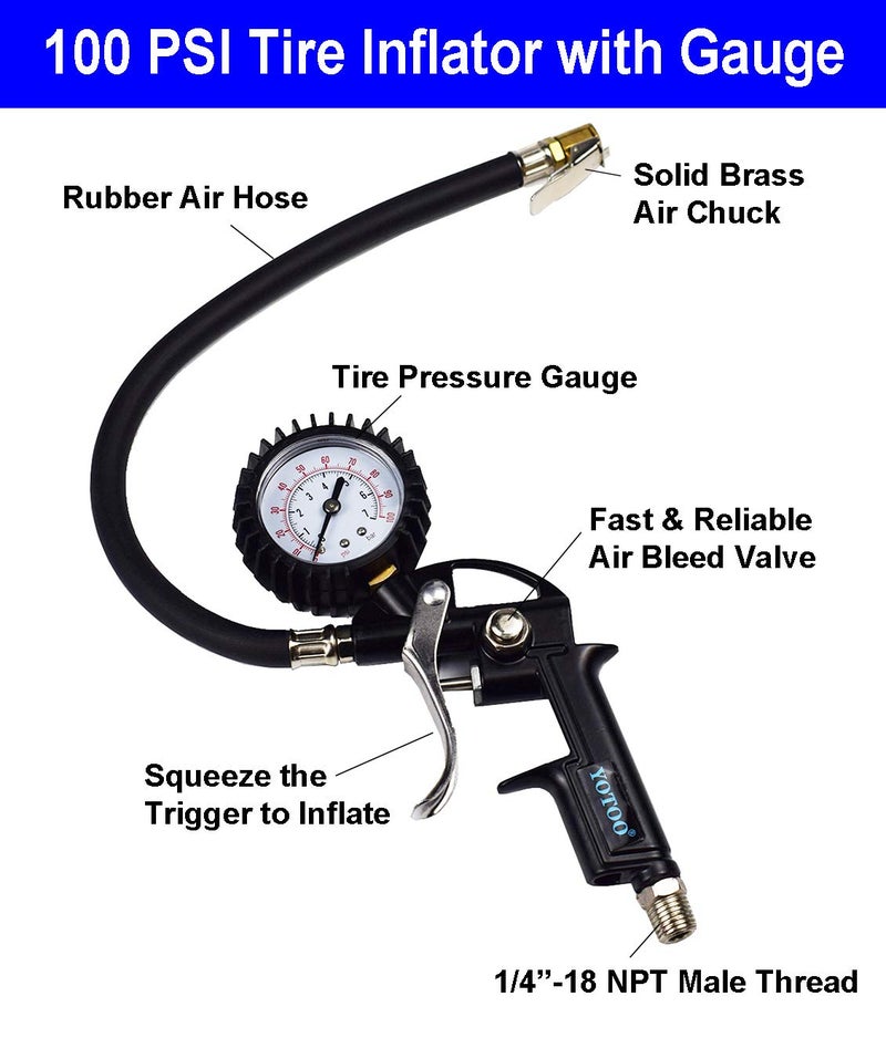 yotoo مجموعة ملحقات ضاغط الهواء YOTOO الثقيلة 18 قطعة، مجموعة أدوات الهواء 1/4" NPT مع مقياس نفخ الإطارات 100 PSI، مسدس نفخ هواء ثقيل وملحقات خرطوم الهواء - Image 2
