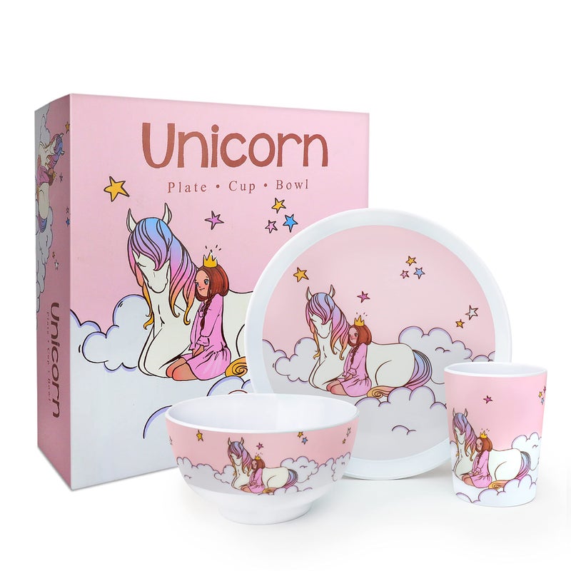 Kiz Designs Kiz Designs Unicorn Children Dishes  Premium Melamine kids Dinnerware Set with Cup Bowl feeding Plate NonBPA and Dishwasher Safe  3Pcs childs Dishware 