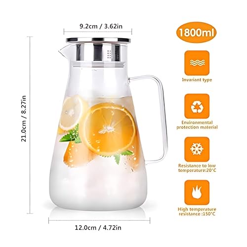 NVRA Premium 1800Ml Glass Water Jug with Stainless Steel Lid & Handle | Transparent Beverage Carafe for Home,Office, Etc | Pitcher for Serve Water,Milk, Juice,Beverage,Chaas, Cocktail (Borosilicate Jug) - Image 5