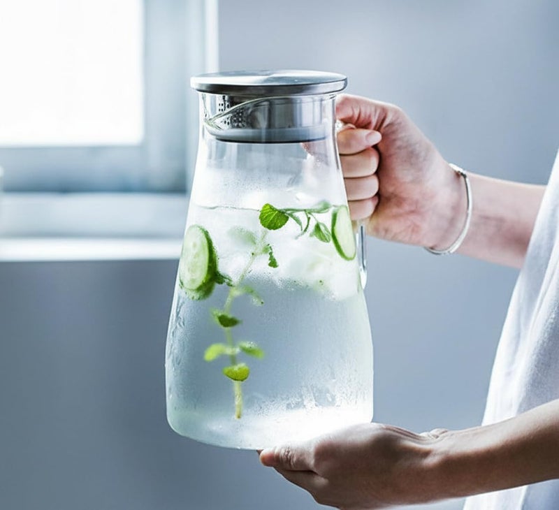 NVRA Premium 1800Ml Glass Water Jug with Stainless Steel Lid & Handle | Transparent Beverage Carafe for Home,Office, Etc | Pitcher for Serve Water,Milk, Juice,Beverage,Chaas, Cocktail (Borosilicate Jug) - Image 1