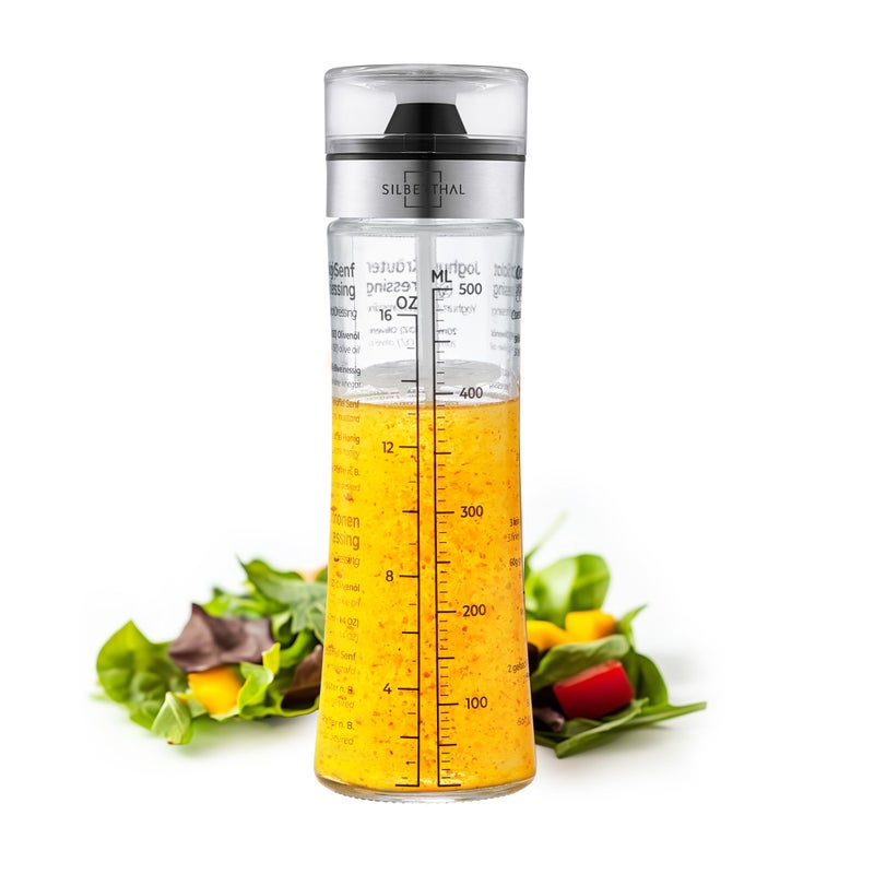 SILBERTHAL Glass Dressing Shaker 500 ml with Lid  Recipes in English  French  Graduated Scale  Drip Free  Picnic and Barbecue  Salad Sauce Bottle