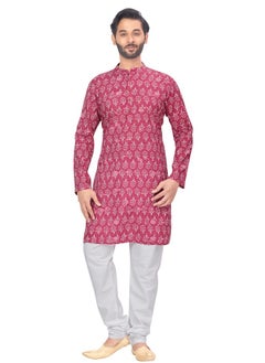 Studio Shringaar Studio Shringaar Men's 100% Cotton Block Printed Knee Length Kurta (121, Pink, Medium)  - Image 1