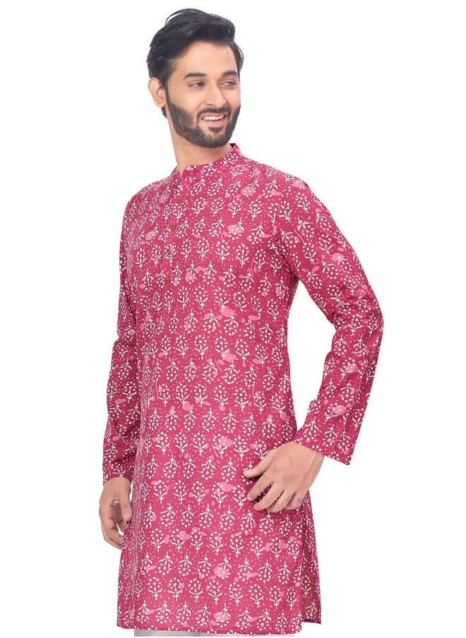Studio Shringaar - Studio Shringaar Men's 100% Cotton Block Printed Knee Length Kurta (121, Pink, Medium) - Image 1