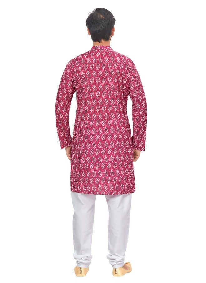 Studio Shringaar - Studio Shringaar Men's 100% Cotton Block Printed Knee Length Kurta (121, Pink, Medium) - Image 1