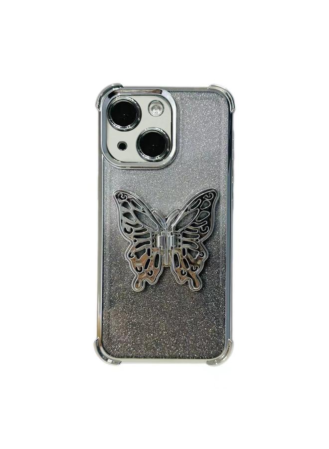 جراب هاتف TPU مقاوم للصدمات بأربع زوايا بتصميم فراشة ثلاثية الأبعاد لامعة مطلية بالكهرباء لهاتف iPhone 15 (فضي متدرج)