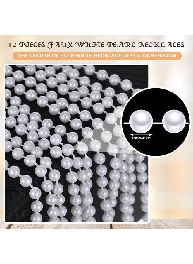 Sureio 12 Pack Fake Pearl Necklace Costume Jewelry Long Faux Pearl Necklace Party Favors White Plastic Flapper Bead Strand For Kids Girls Women 1920S Wedding Bridal Shower Tea Birthday Decorations - Image 2