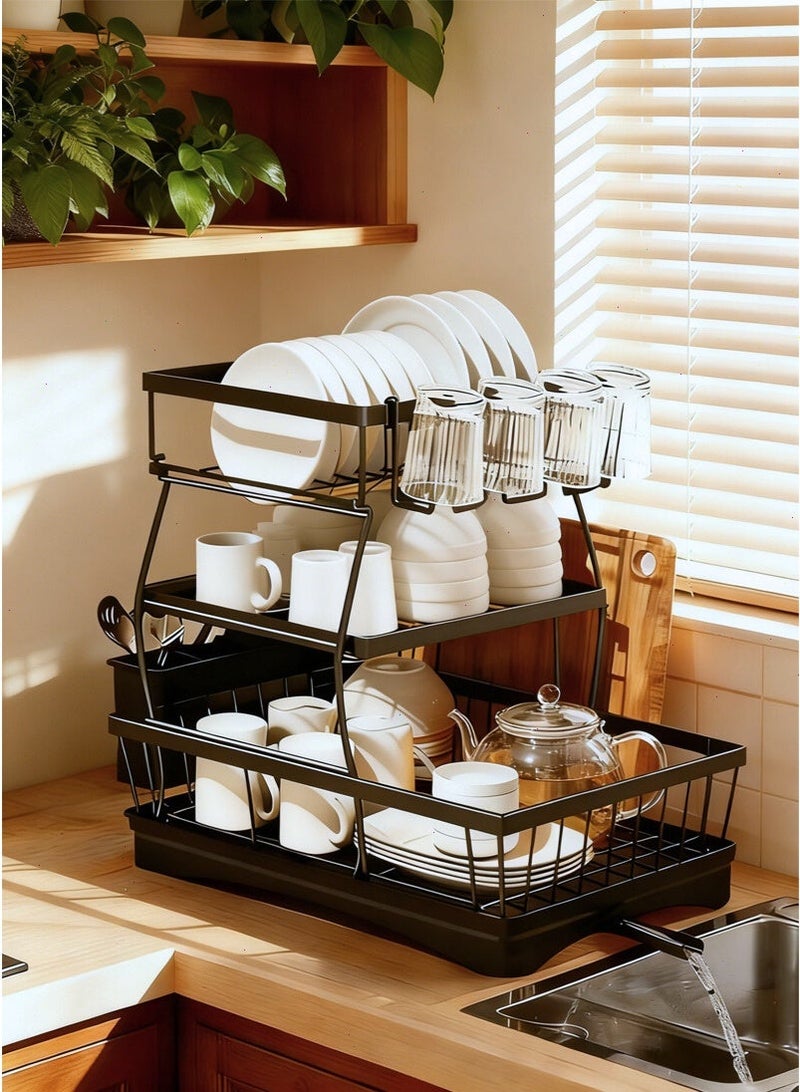 يواوليتي رفوف أطباق بثلاثة مستويات لطاولة المطبخ تصريف تلقائي رف تجفيف أطباق كبير مصافي أطباق مقاومة للصدأ لطاولة المطبخ - Image 1