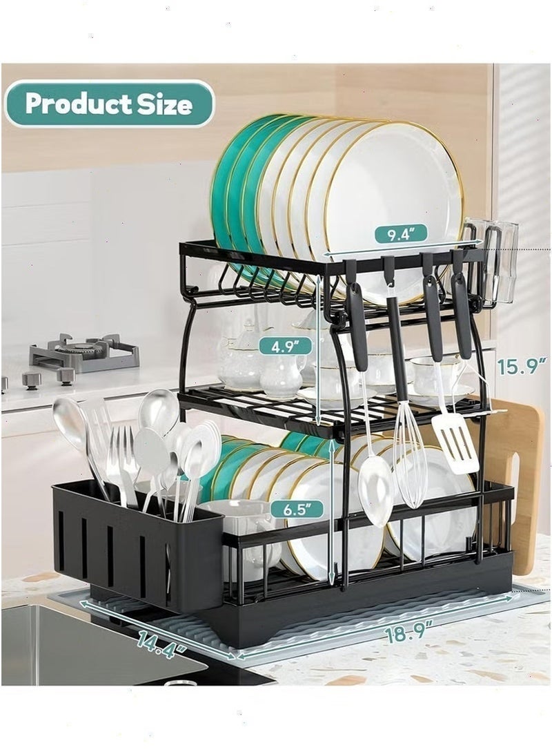 يواوليتي رفوف أطباق بثلاثة مستويات لطاولة المطبخ تصريف تلقائي رف تجفيف أطباق كبير مصافي أطباق مقاومة للصدأ لطاولة المطبخ - Image 4