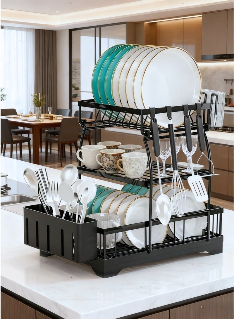 يواوليتي رفوف أطباق بثلاثة مستويات لطاولة المطبخ تصريف تلقائي رف تجفيف أطباق كبير مصافي أطباق مقاومة للصدأ لطاولة المطبخ - Image 3