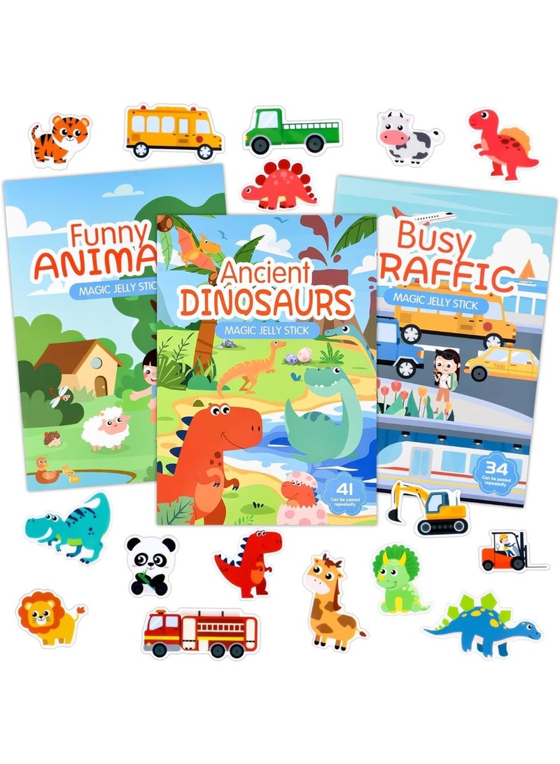 3 Pack Reusable Sticker Books for Toddlers, Vehicle Dinosaurs Animal 3D Sticker Scenes, Travel Sensory Toys for Plane and Car Activities, Educational Learning Gift for Kids 3+ Years Old - Image 1