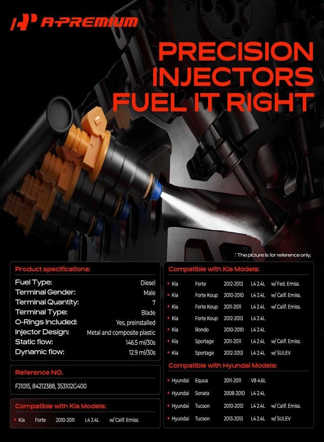 A-Premium Set of 4 Fuel Injectors Compatible with Hyundai Sonata 2008-2010, Tucson 2010-2013, Equus 2011 & Kia Forte 2010-2013, Sportage 2011-2013, Rondo 2010, Forte Koup 2010-2013, 2.4L 4.6L - Image 2